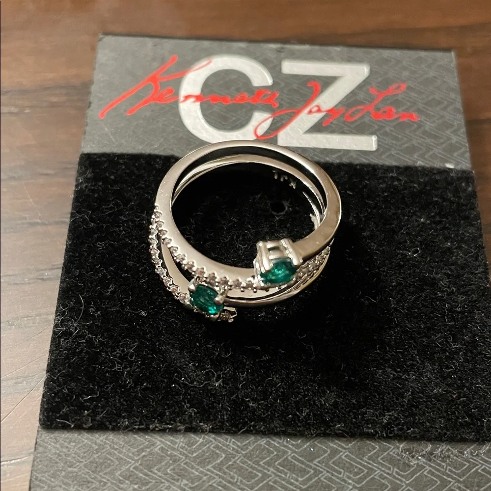 Kenneth Jay Lane Silver Spiral Ring with Emerald Green Crystals - Picture 7 of 8